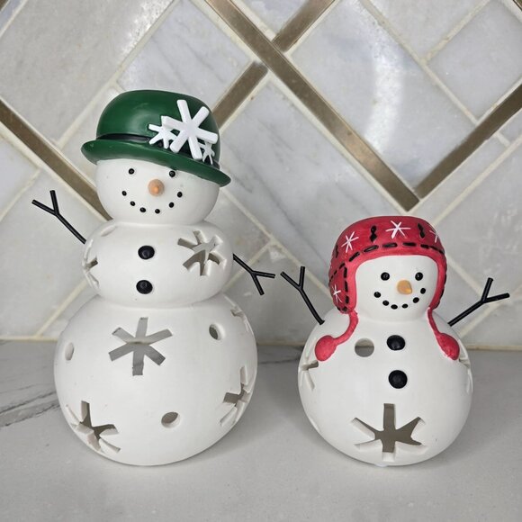Partylite Mr Snowman Tealight Candle Holder set of 2 Christmas winter snow - Picture 1 of 5